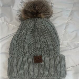 C.C Gray Knit Beanie with Faux Fur Pom